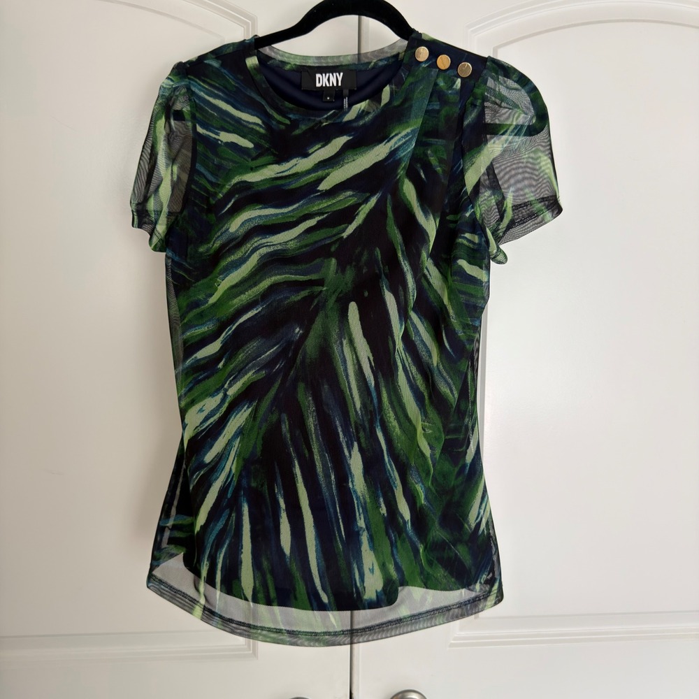 DKNY Womens Green Tropical Palm Print Mesh Puff Sleeve Blouse Gold Button Top M